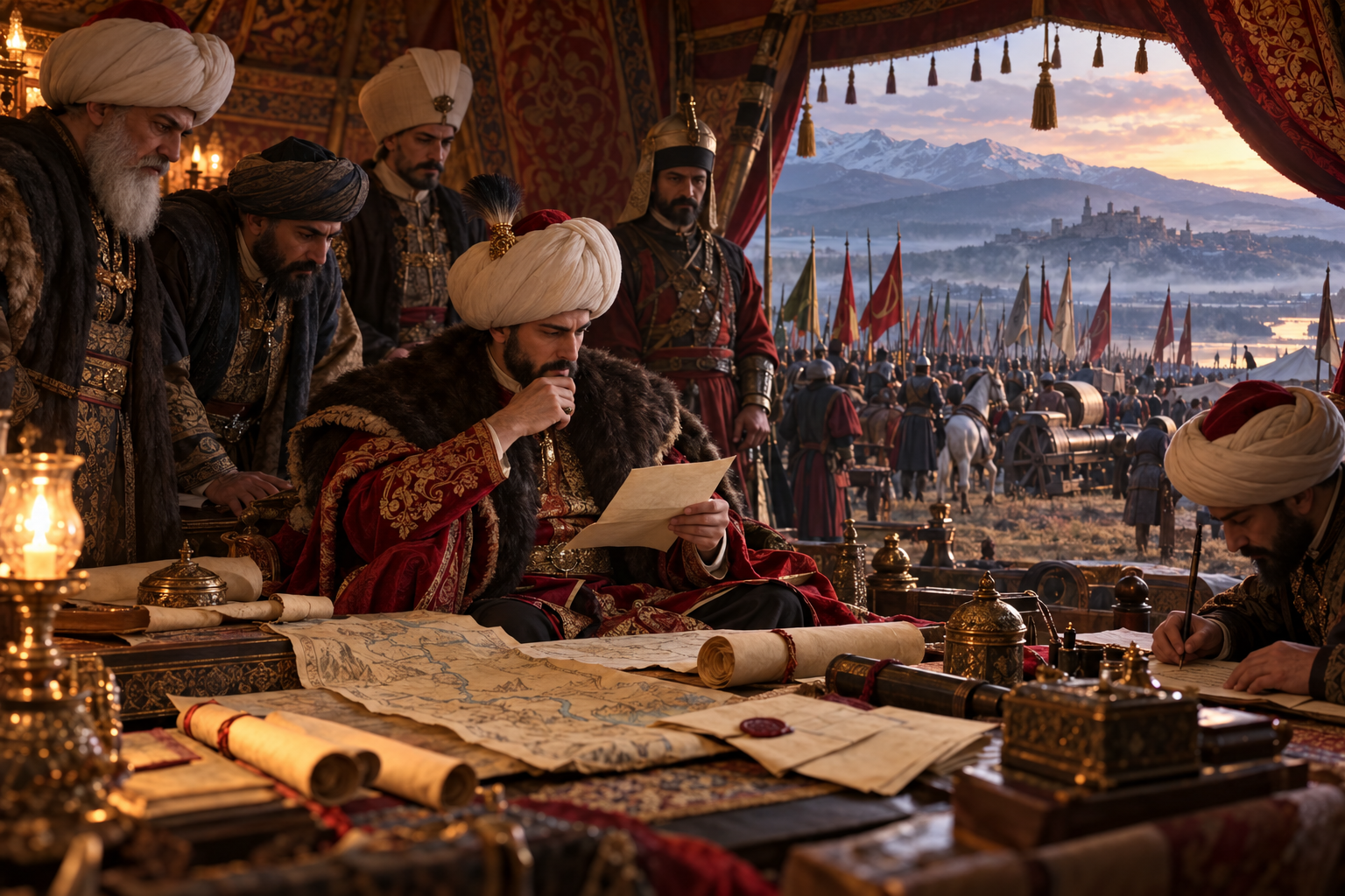 Fatih Sultan Mehmed’i mektup okurken ve sefer hazırlıkları sırasında gösteren temsili illüstrasyon